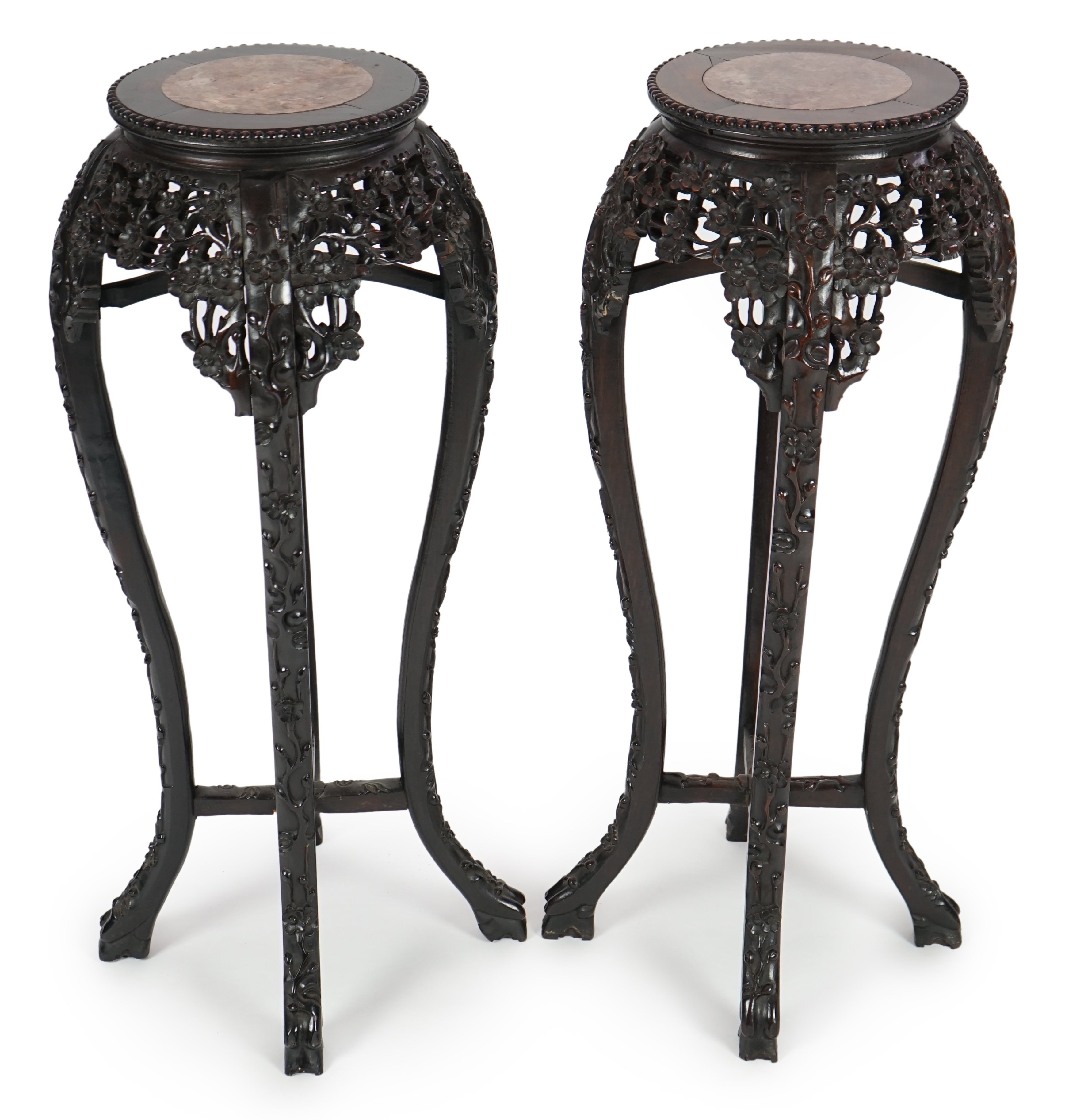 A pair of late 19th century Chinese hongmu and marble inset vase stands, height 91cm. Condition - fair to good